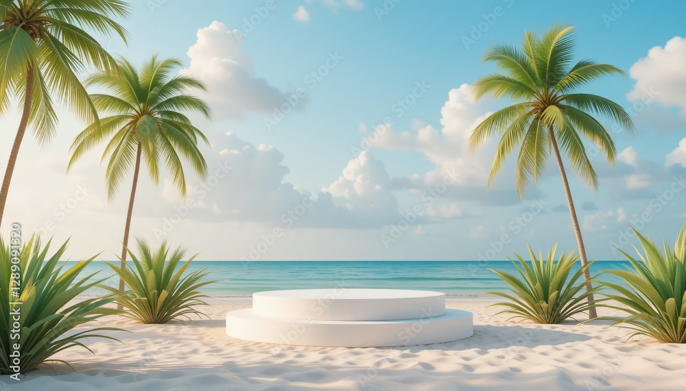 Obraz premium Tropical Beach Product Display Podium with Palm Trees & Ocean View - Summer Paradise Background