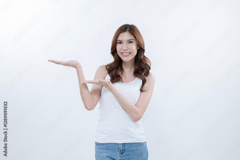 Isolated asian woman smiling and representing something to blank copy space Isolated asian woman smiling and representing something to blank copy space