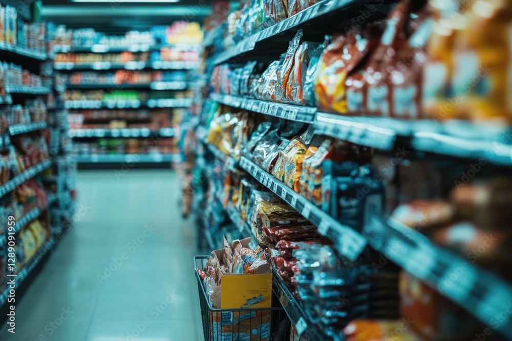Fototapeta premium Fresh produce and packaged goods fill this well-stocked grocery store aisle