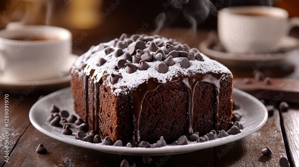 Rich chocolate cake with drizzled ganache and chocolate chips on a plate Rich chocolate cake with drizzled ganache and chocolate chips on a plate