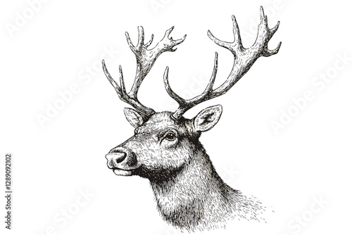 Wildlife reindeer illustration, black sketch effect, hand-drawn, vintage art, Arctic animal, large animal vector, print design, antique style, white background photo