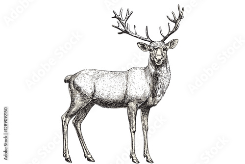 Arctic animal reindeer, large animal vector, black sketch effect, wildlife vintage art, hand-drawn illustration, print design, white background, antique style photo