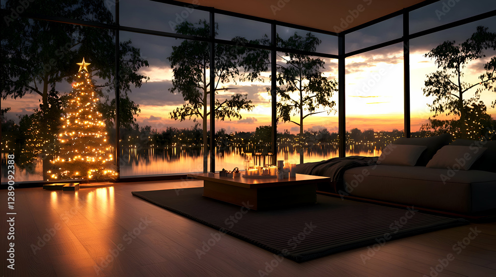 Fototapeta premium Modern Room with Christmas Tree and Sunset View