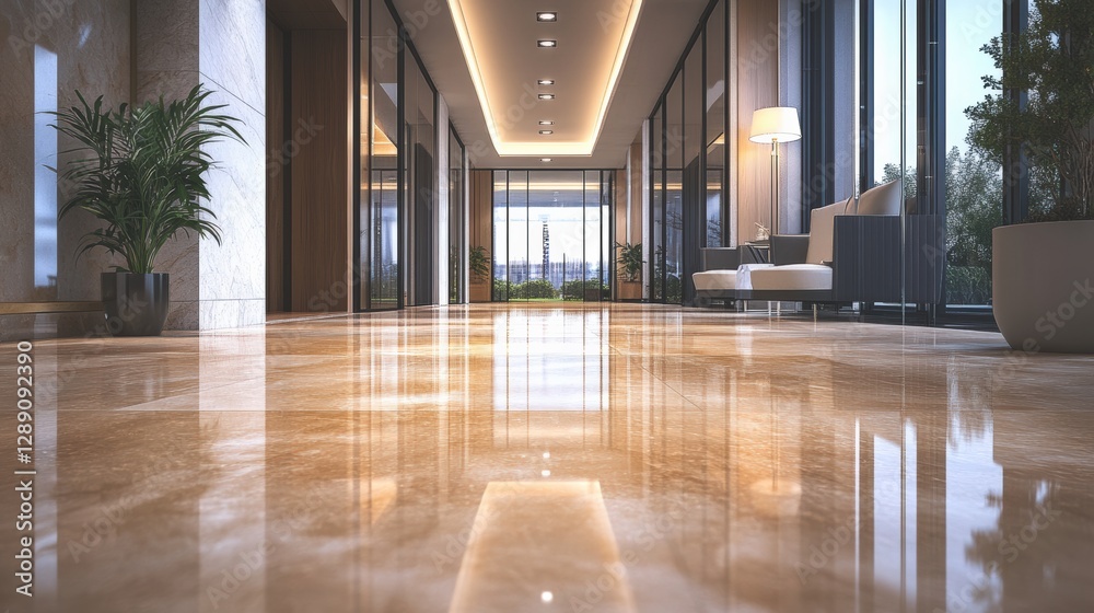 Fototapeta premium A large, open lobby with a long hallway and a few potted plants