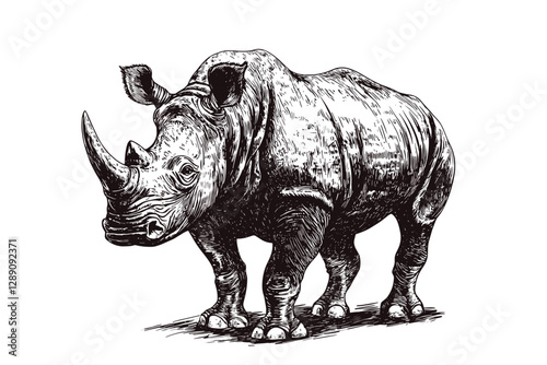 Antique style black sketch of a rhinoceros, vintage art vector, endangered species, trendy wildlife print design, hand-drawn illustration, large animal on white background.