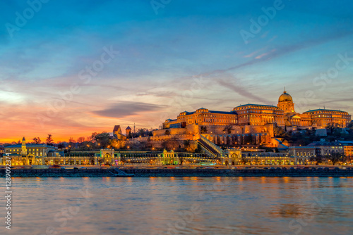 View of Buda castle and the Danube river  illuminated on night, Budapest cistyscape, Hungary