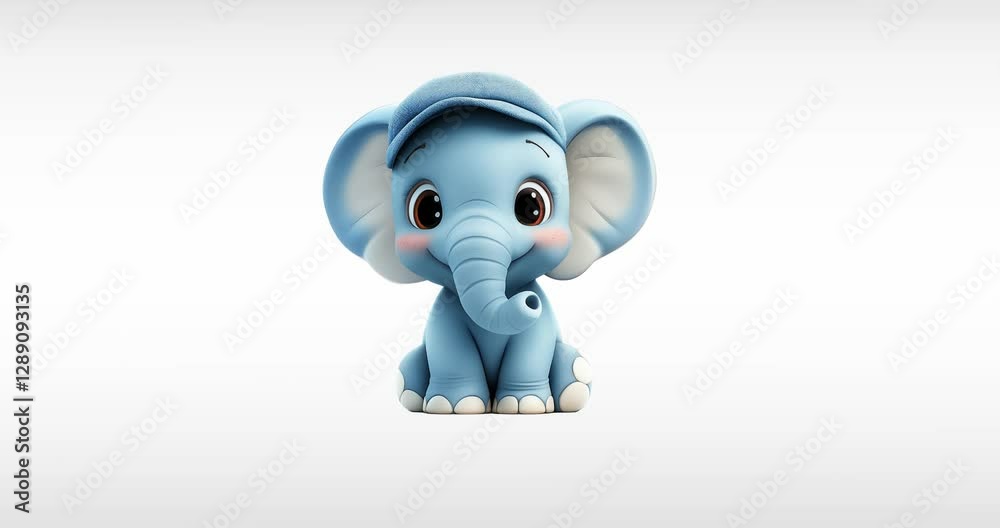 3d blue baby elephant posing floating on a white background. animation, looped, character in playful pose with blue cap 3d blue baby elephant posing floating on a white background. animation, looped, character in playful pose with blue cap
