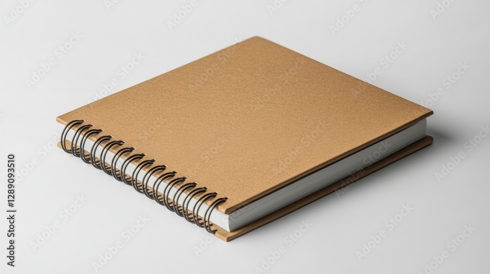 A light brown spiral-bound notebook with sharp corners resting on a white background