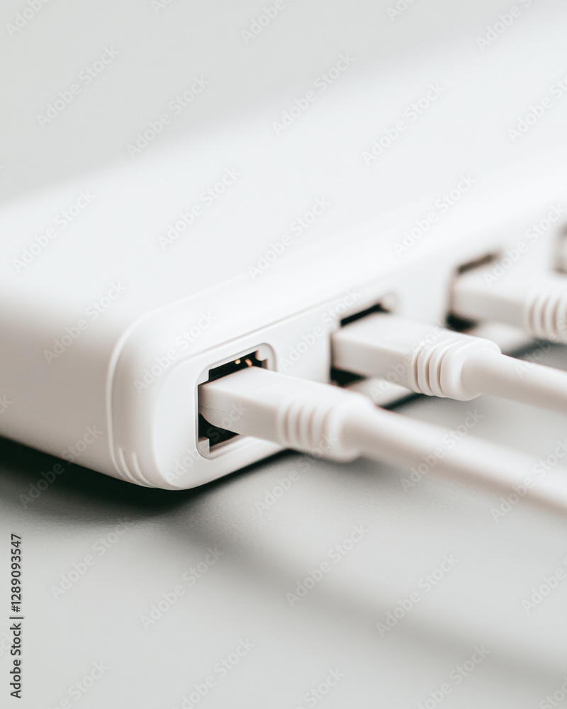 Close-up of a white device with multiple plugged-in cables for charging or data transfer. Close-up of a white device with multiple plugged-in cables for charging or data transfer.
