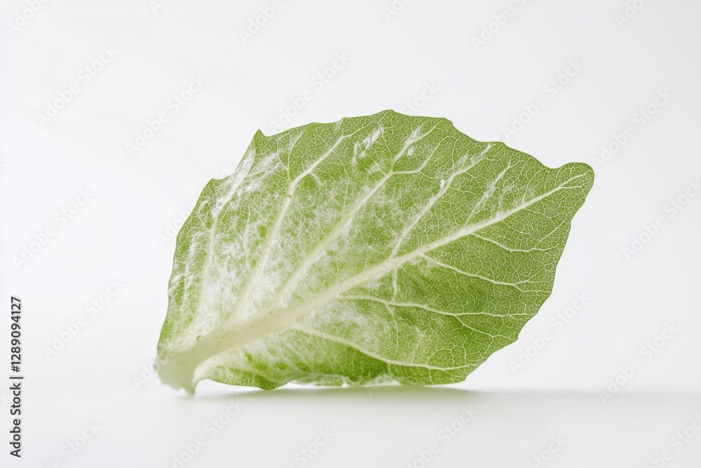 A fresh lettuce leaf on a white surface, ideal for use in food and still life photography A fresh lettuce leaf on a white surface, ideal for use in food and still life photography