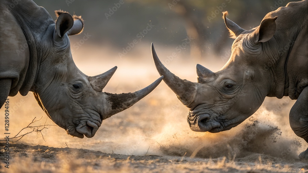 Fototapeta premium Rhino Showdown: A captivating moment of confrontation between two powerful rhinoceroses, their horns locked in an intense display of dominance amidst a cloud of dust and the golden hues of sunrise.