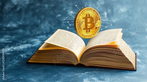 Golden Bitcoin Floating Above Open Book on Blue Background