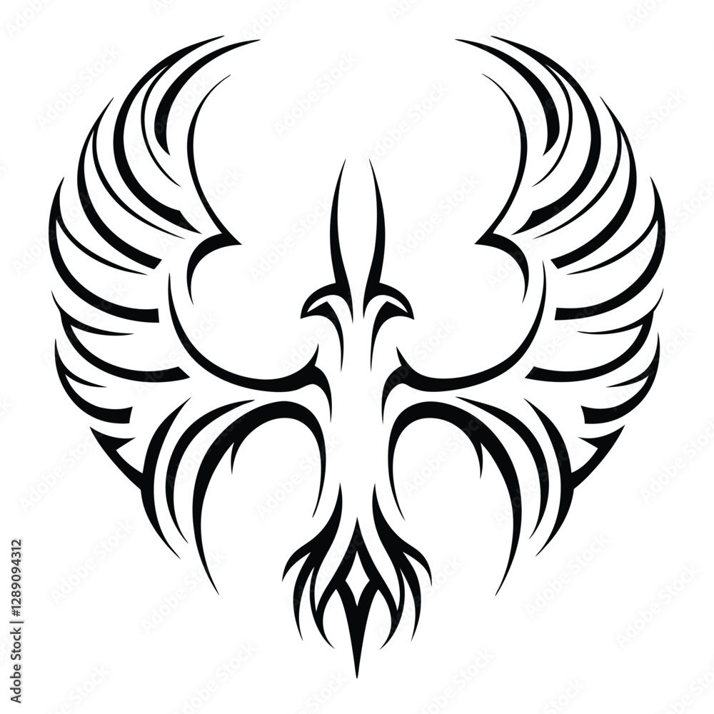 Fototapeta premium Tribal Phoenix Tattoo Design Symbol of Strength and Rebirth. Bold Black Tribal Phoenix Tattoo for Arm, Chest, or Back. Minimalist Phoenix Tattoo in Tribal Style.