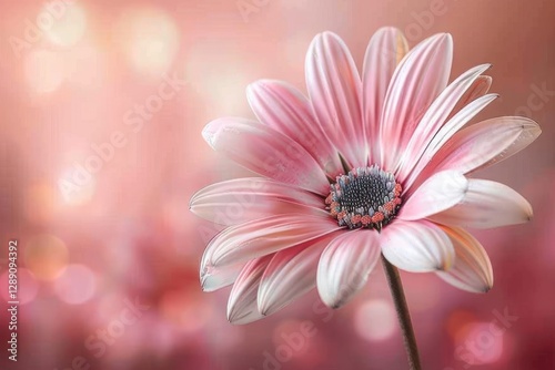 Delicate pink daisy petals glow softly in warm light, creating a refreshing and cheerful atmosphere with subtle details
