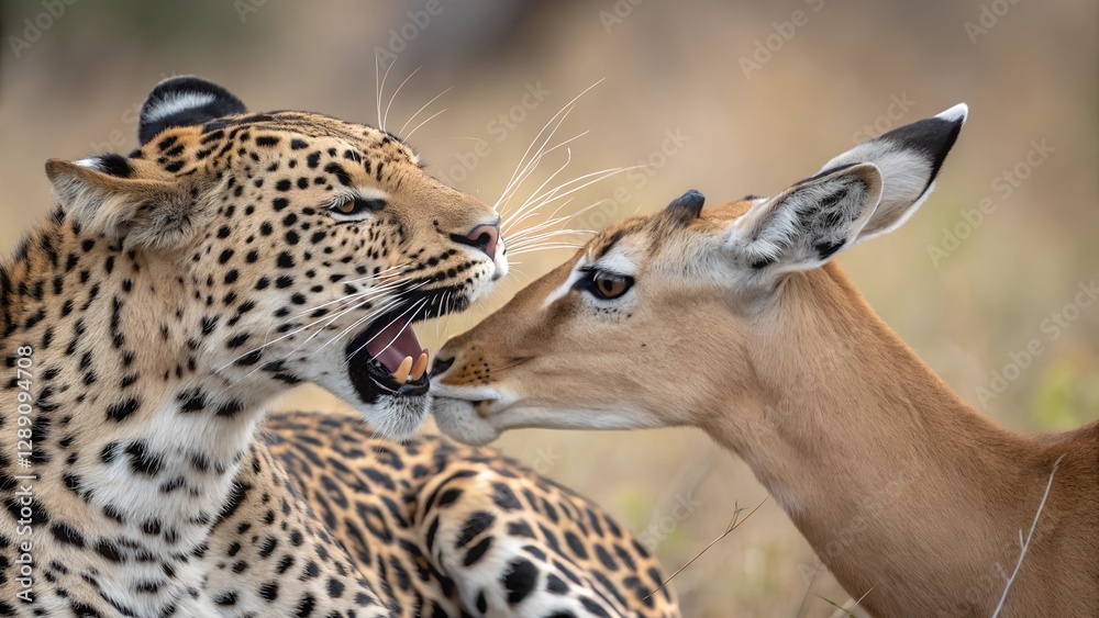 Obraz premium Leopard and Impala: Intense moment captured: a leopard and impala engaged in close proximity, revealing the raw dynamics of survival in their natural environment.
