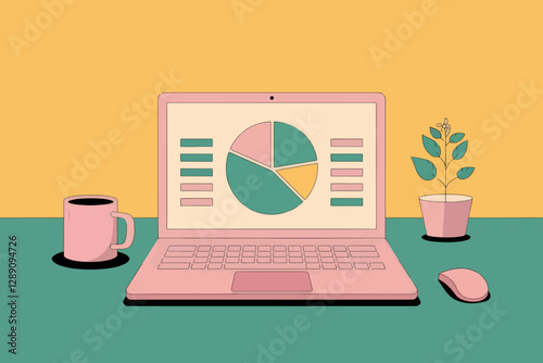 Laptop with pie chart on screen, concept of statistics, technology and data analysis