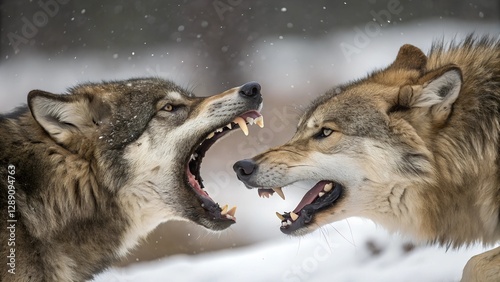 Rivalry of the Wild: A tense standoff unfolds between two formidable wolves, their snarling expressions revealing a primal conflict against a backdrop of a snowy wilderness.