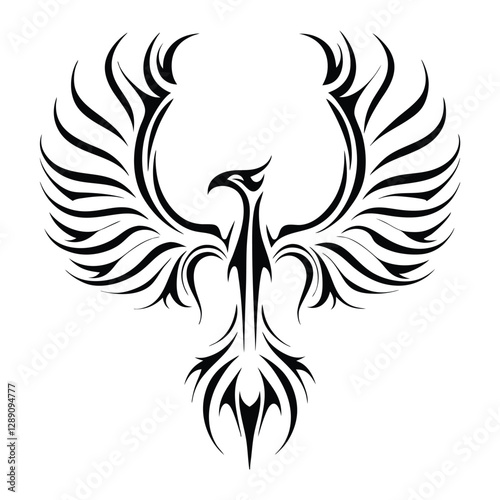 Tribal Phoenix Tattoo Design Symbol of Strength and Rebirth. Bold Black Tribal Phoenix Tattoo for Arm, Chest, or Back. Minimalist Phoenix Tattoo in Tribal Style.