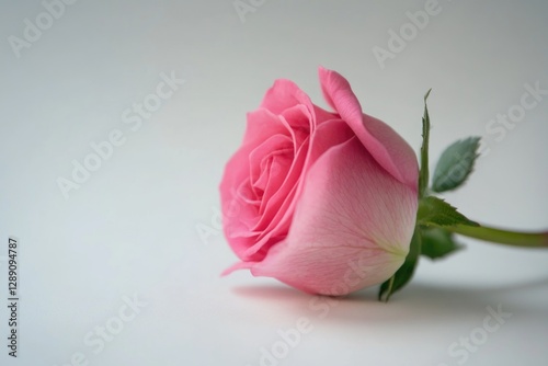 A single pink rose is placed on a clean white surface