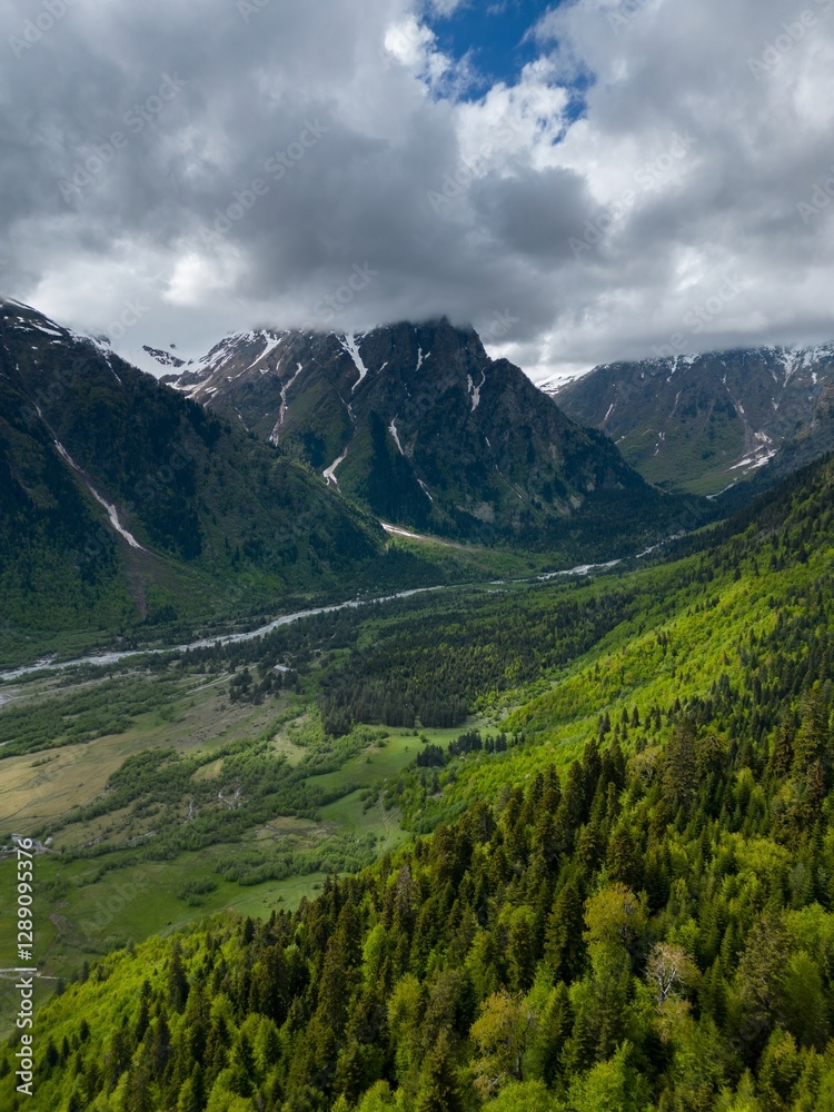 Obraz premium valley meadows mountains, steep peaks in clouds, flight over forest, aerial view