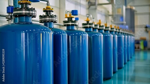 Blue industrial gas cylinders in factory