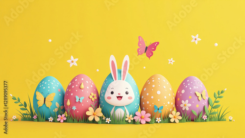 colorful butterfly eggs bright yellow background adorned playful bunny