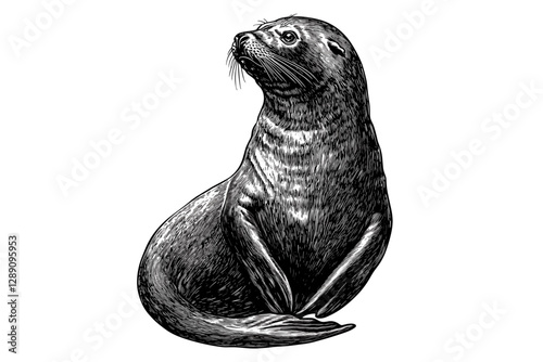 Hand-drawn sea lion in black sketch, vintage art style, animal print, trendy illustration on white background