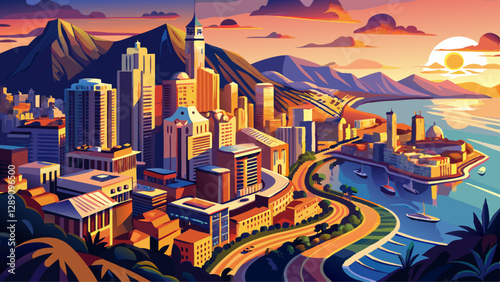 Montecarlo. Aerial view of Monaco skyline at sunset