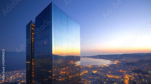 Glass skyscraper reflecting city lights, urban skyline, modern design