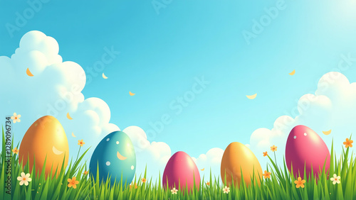 colorful eggs fly bright blue sky easter sunday fun happy tone photo