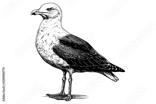 Seagull in old engraving style, vintage art, black sketch effect, aquatic animal illustration, wildlife vector design, rodent, nature-themed print, retro bird drawing