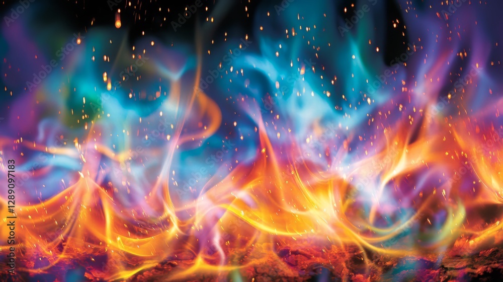 Fototapeta premium Vibrant multi-colored flame with glowing sparks in dynamic motion