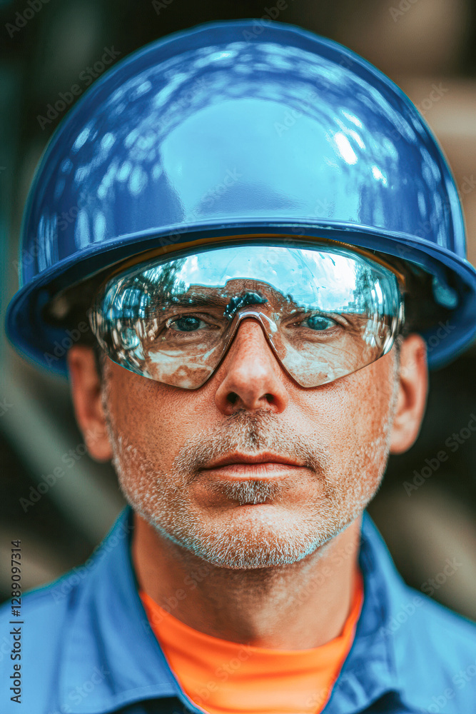 Worker with a blue helmet and goggles, focused on safety and professionalism in an industrial setting. Worker with a blue helmet and goggles, focused on safety and professionalism in an industrial setting.
