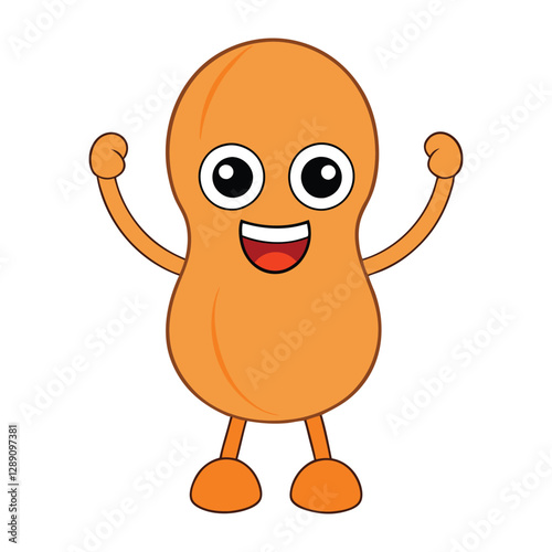 A cheerful cartoon peanut with a big smile raises its arms in excitement. Its shell is light brown with a textured pattern, and it has bright, joyful eyes full of energy.