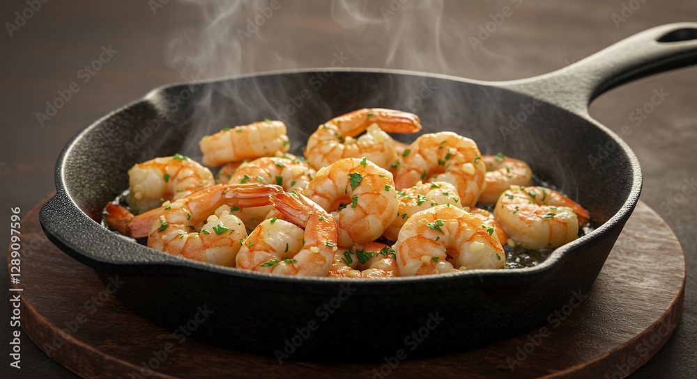 Cooking Shrimp Scampi in Cast Iron Skillet with Herbs and Steam Cooking Shrimp Scampi in Cast Iron Skillet with Herbs and Steam