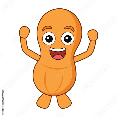 A cheerful cartoon peanut with a big smile raises its arms in excitement. Its shell is light brown with a textured pattern, and it has bright, joyful eyes full of energy.
