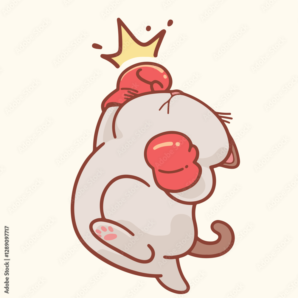 Cute cartoon chocolate cat wearing red boxing gloves, punching with an uppercut that signifies a crushing defeat. Minimalist design with soft pastel colors. Cute cartoon chocolate cat wearing red boxing gloves, punching with an uppercut that signifies a crushing defeat. Minimalist design with soft pastel colors.