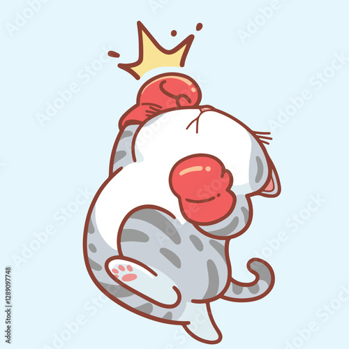 Cute cartoon tabby cat wearing red boxing gloves, punching with an uppercut that signifies a crushing defeat. Minimalist design with soft pastel colors.