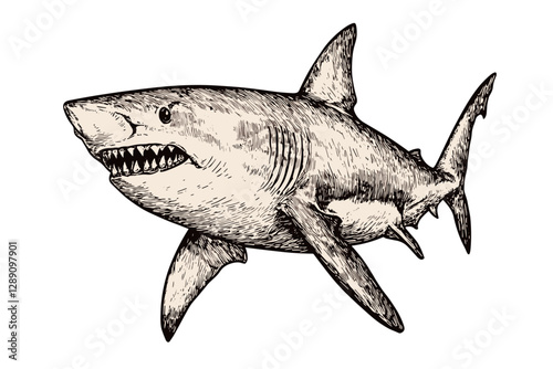 Vintage shark illustration, hand-drawn in old engraving style, black sketch effect, animal print, trendy design, white background, artistic print, retro art, ocean life.