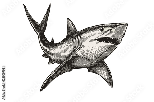 Black sketch effect shark, vintage hand-drawn engraving style, animal print, trendy illustration, retro art, ocean life, white background, artistic design.
