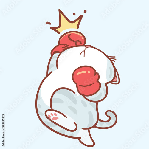 Cute cartoon blue cat wearing red boxing gloves, punching with an uppercut that signifies a crushing defeat. Minimalist design with soft pastel colors.