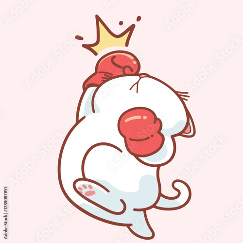 Cute cartoon white cat wearing red boxing gloves, punching with an uppercut that signifies a crushing defeat. Minimalist design with soft pastel colors.