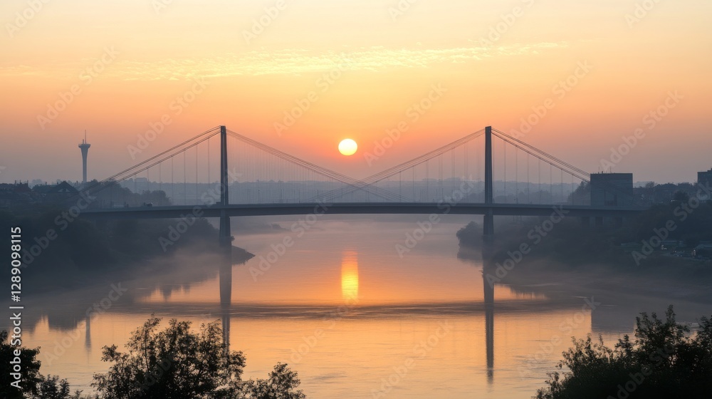 Fototapeta premium Serene Sunrise Over the Water with Bridge and Reflection