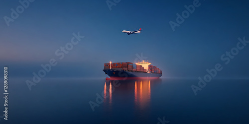 Cargo ship and airplane at dusk: A visual metaphor for global trade and interconnectedness. A smooth, serene water surface completes the picture.