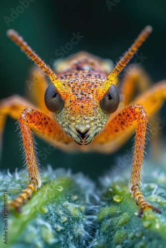 A small insect sits on the surface of a green leaf, with some veins visible