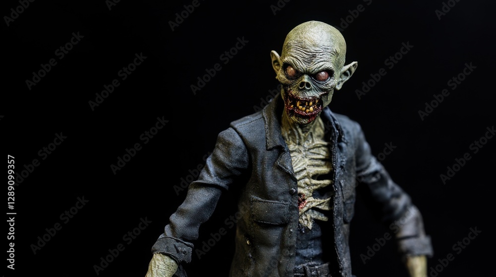 Close-up of a decaying zombie figure, ominous and detailed, against a stark black background. Close-up of a decaying zombie figure, ominous and detailed, against a stark black background.