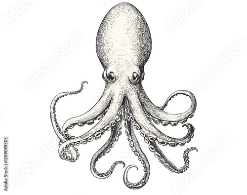 Black sketch effect squid illustration, vintage art, trendy hand-drawn animal print, old engraving style, white background, unique squid artwork, marine design, aquatic drawing.
