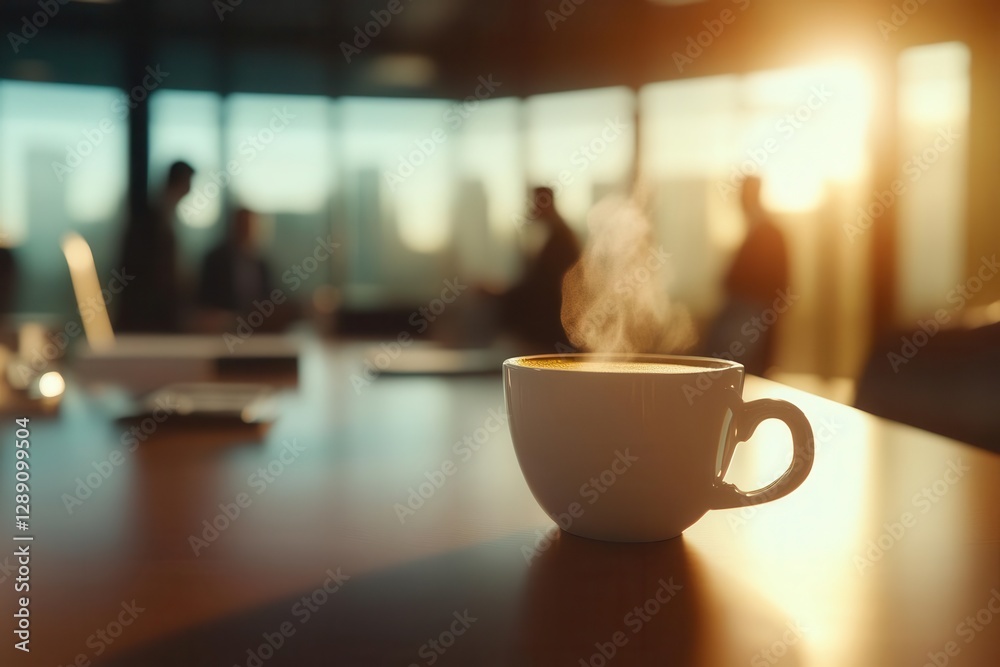 steaming coffee cup on a conference table soft beige tones blurred business figures in the background warm intimate lighting cozy professional vibe realistic style focused mood steaming coffee cup on a conference table soft beige tones blurred business figures in the background warm intimate lighting cozy professional vibe realistic style focused mood