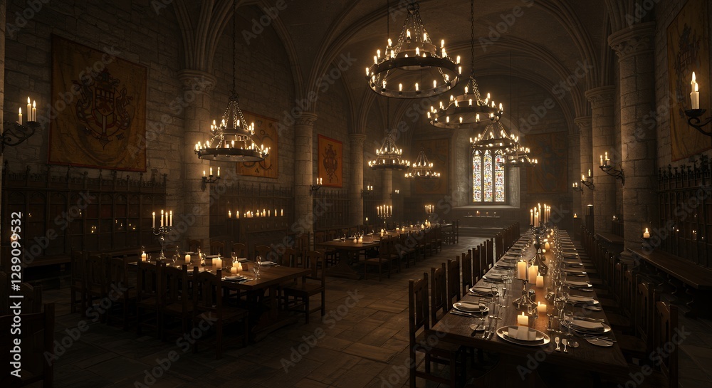 Fototapeta premium Formal Medieval Hall Interior with Dinner Tables and Candle Lighting