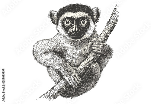 Vintage wildlife illustration of a hand-drawn sifaka in black sketch effect, animal art, wall decor, trendy art, old engraving style, white background.